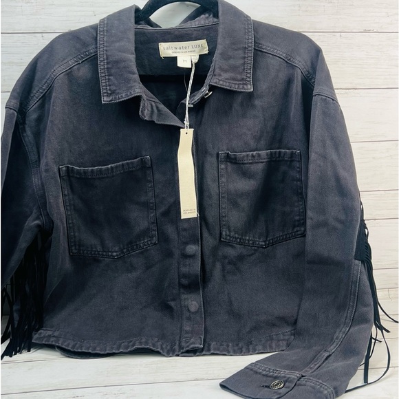 Saltwater Luxe Washed Black Jean Jacket with Fringe 100% Cotten cowgirl biker - Picture 12 of 14